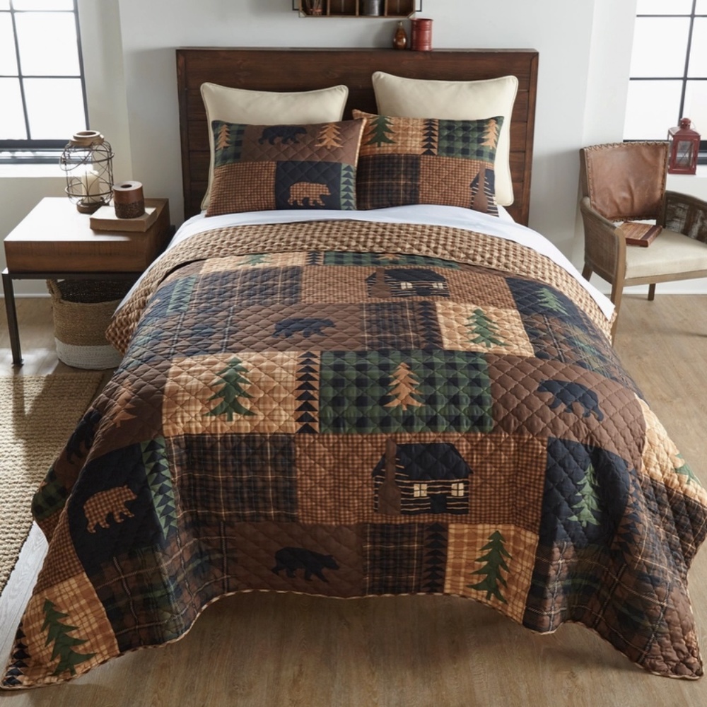 Black Bear Printed Patchwork Queen Quilt Set Rustic Country Cabin Theme